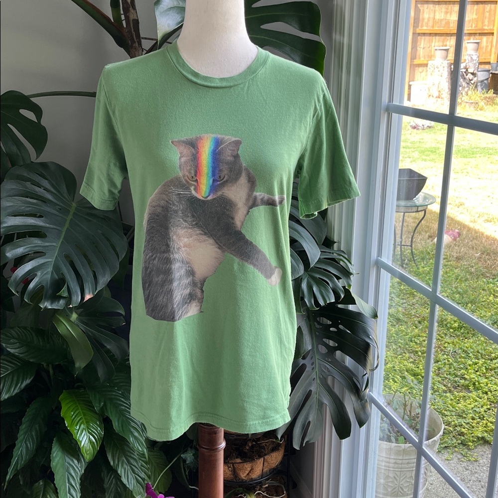 Bella Canvas Cute Green Tee With Graphic Of Cat With Rainbow Over The Face